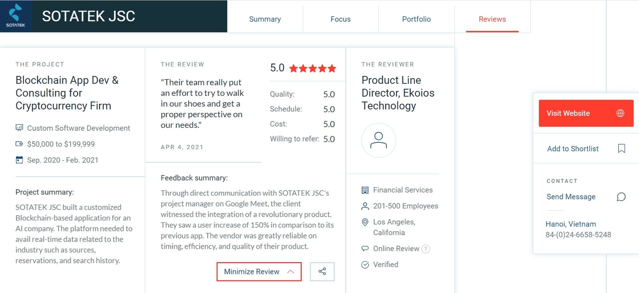 Top Blockchain Development Companies in Education: Reviews about Sotatek company on Clutch