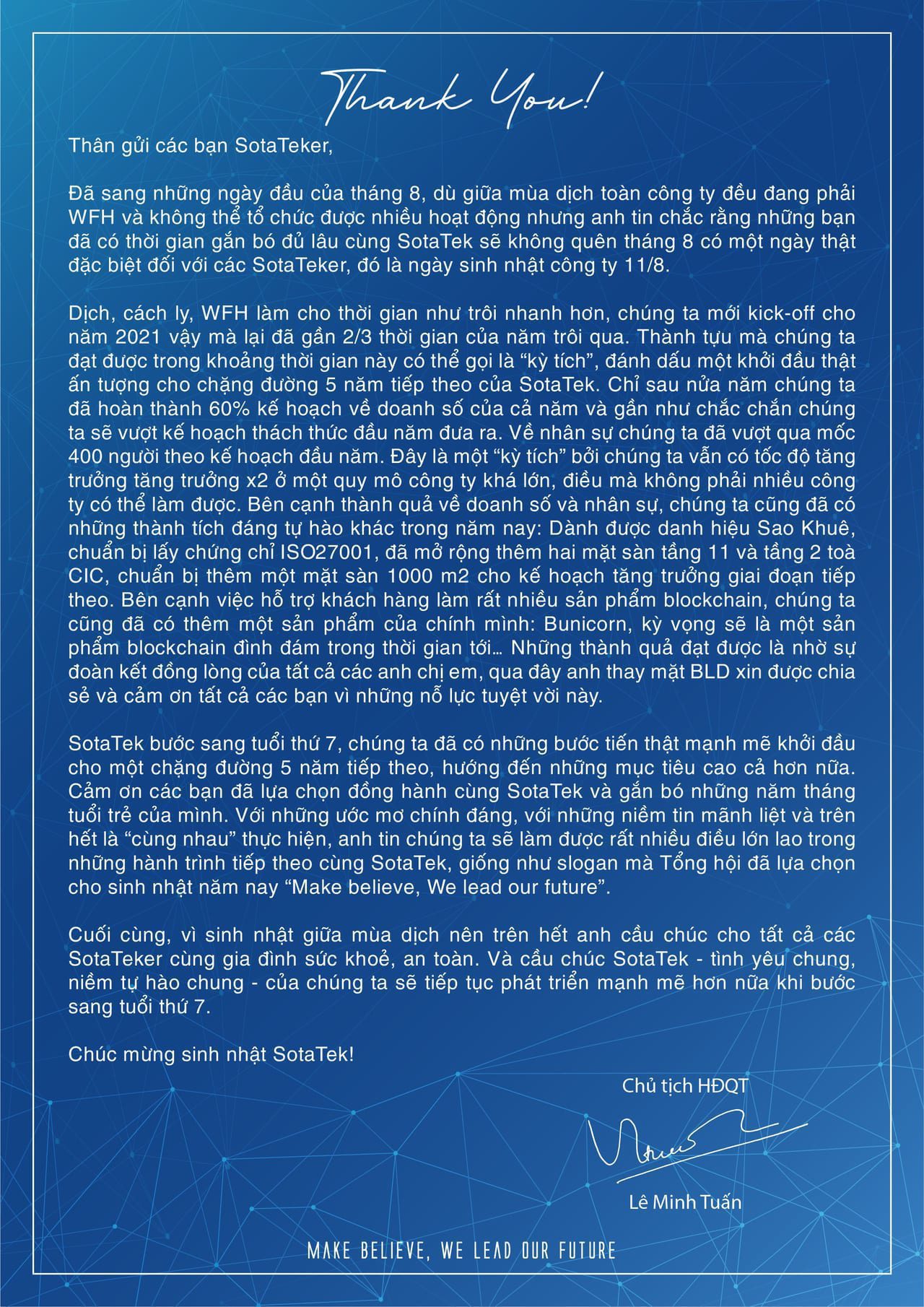 Letter of Congratulations of the representative of SotaTek's Board of Directors on the 6th anniversary of SotaTek